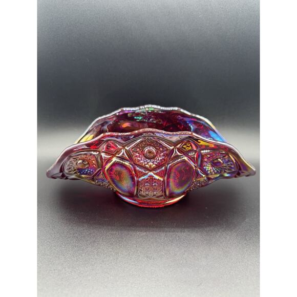L.E. Smith Other - L E Smith Ruby Red Iridescent Carnival Glass Quintec Pattern Banana Bowl Vintage